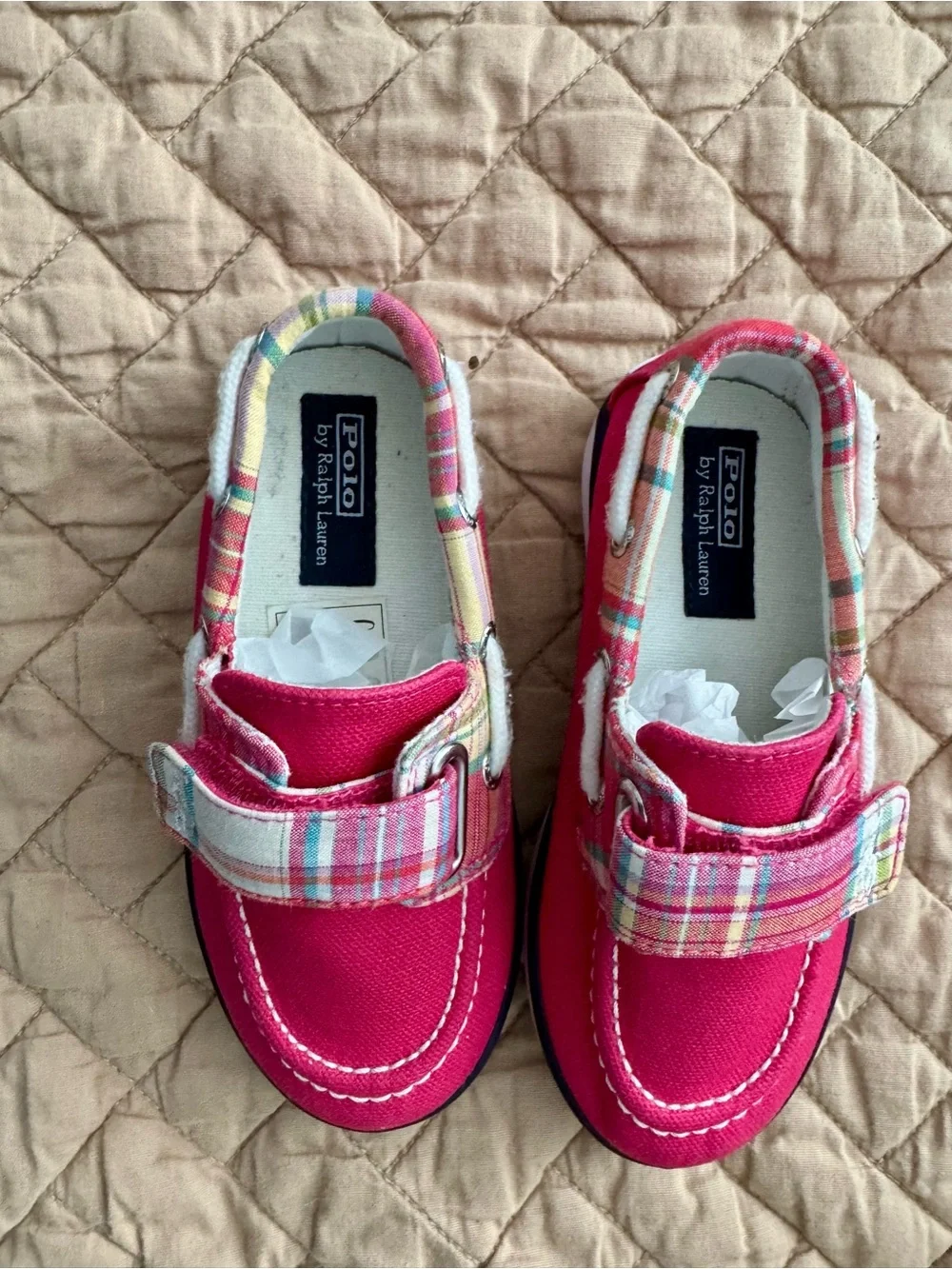 Little Kids Polo Ralph Lauren Pink Canvas Boat Shoe with Plaid Strap